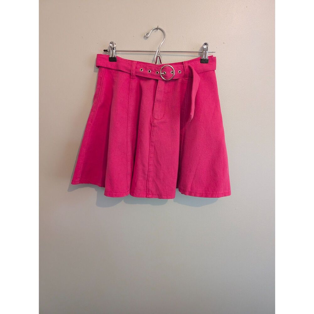 Allegra K Hot Pink High Waisted Belted Flared Mini Skirt Size S
